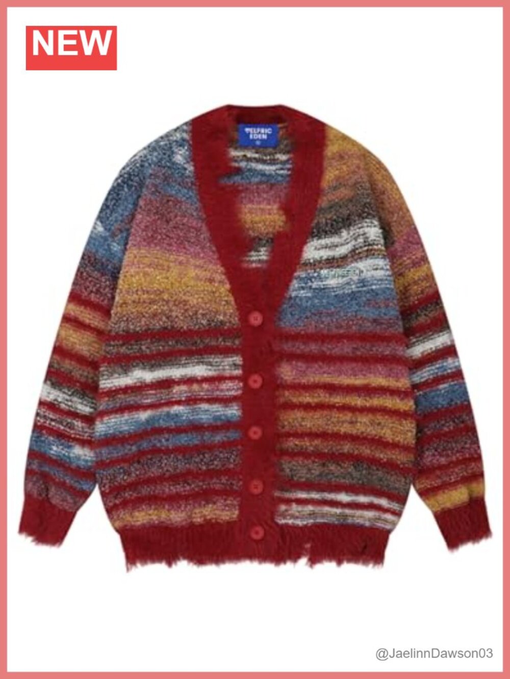 Open Front V-Neck Knit Cardigan Sweater Pinstripe Fringe Oversized Casual
